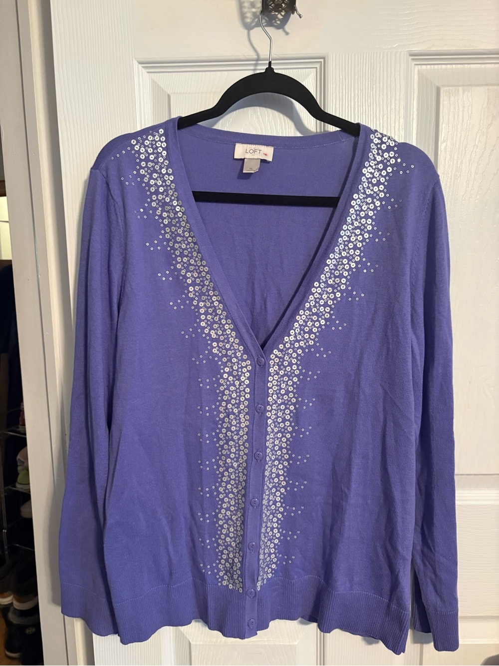 LOFT Lavender Sequin-Trim V-Neck Cardigan